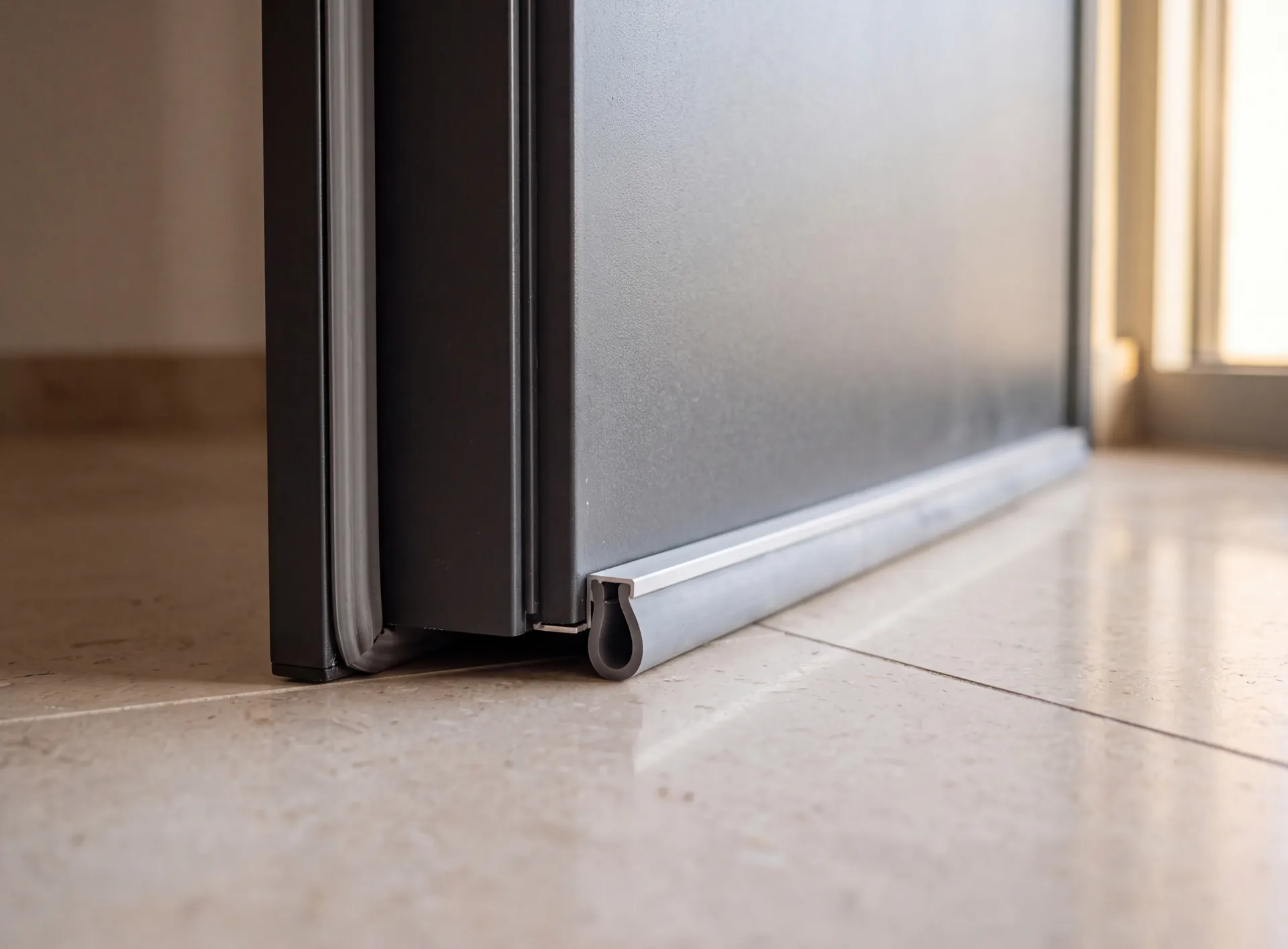 Bottom edge of a heavy acoustic door with an automatic drop seal lowered onto the floor