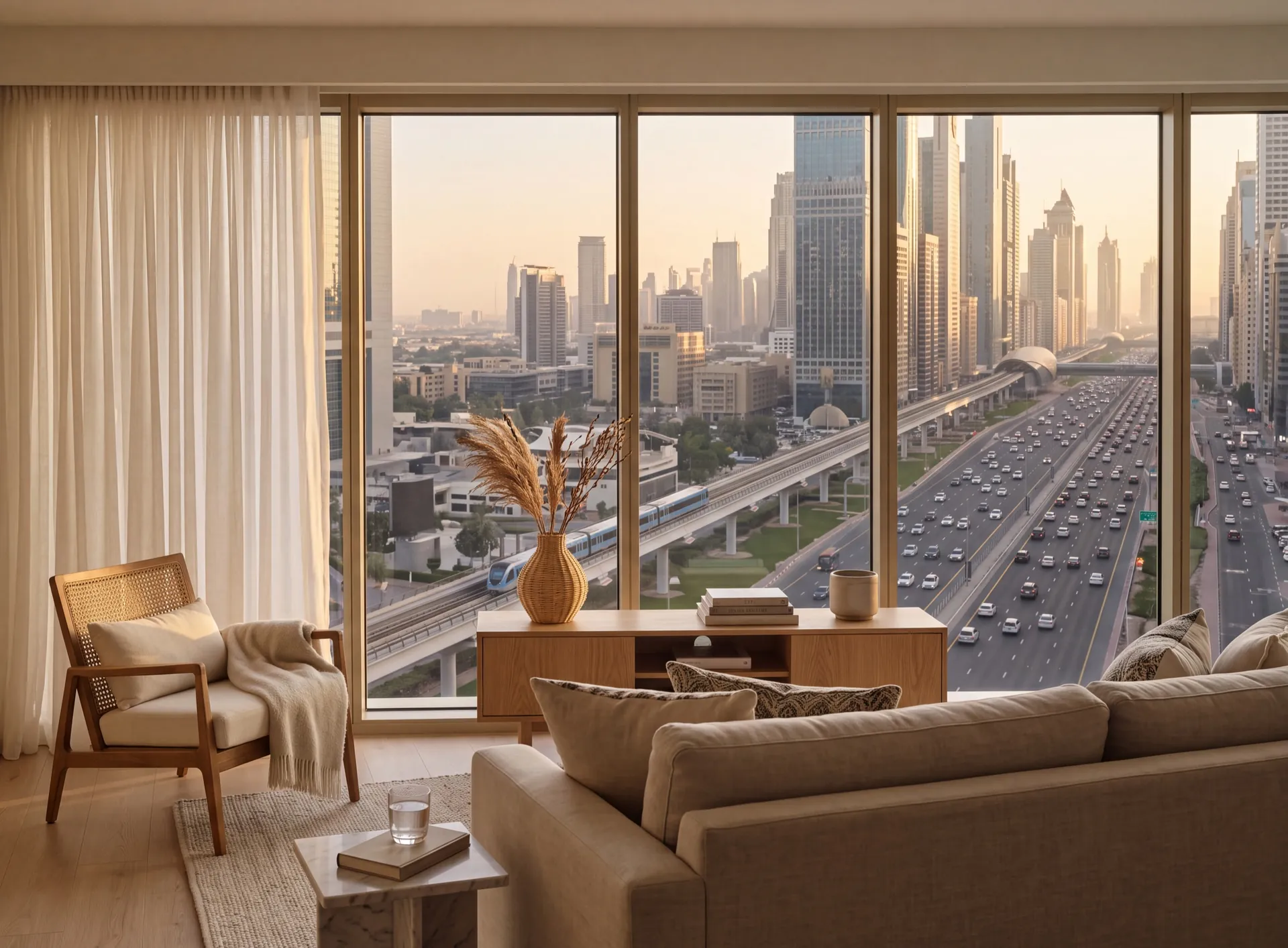 Quiet apartment interior high above a busy Dubai road, with the window shut and the traffic silent behind it