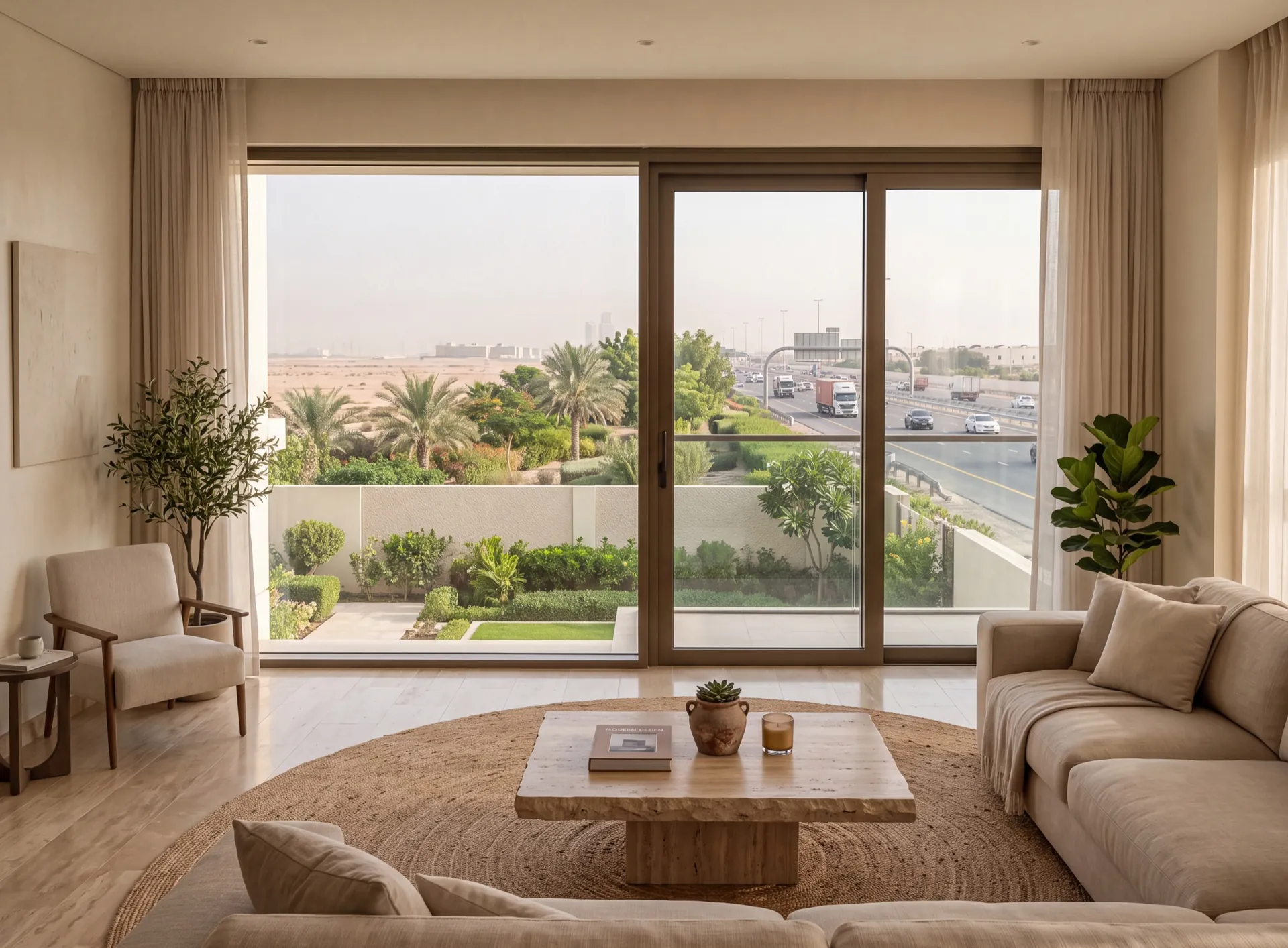 Living room of a Dubai villa with a wide aluminium window facing a motorway