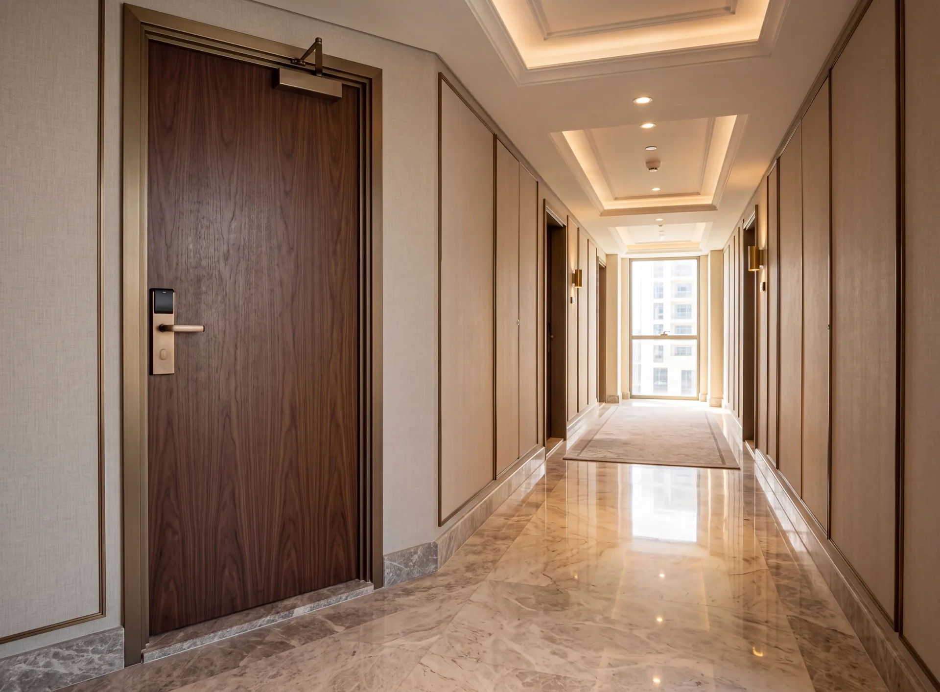 Corridor of a Dubai hotel with the entrance door of a guest room closed on its threshold seal