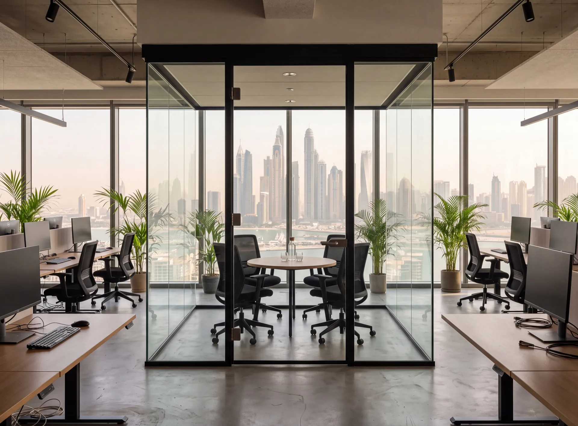 Glazed meeting pod standing in an open-plan Dubai office