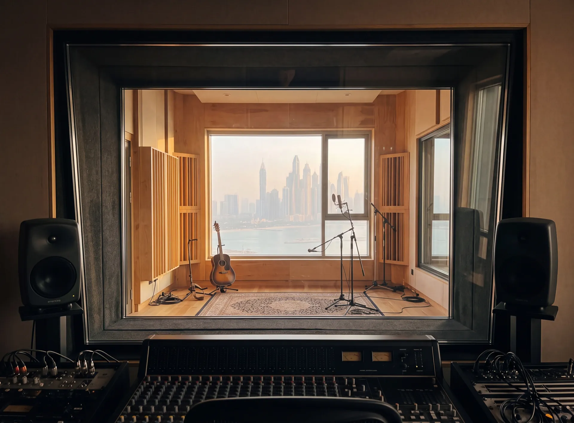 Observation window between a control room and a live room in a recording studio