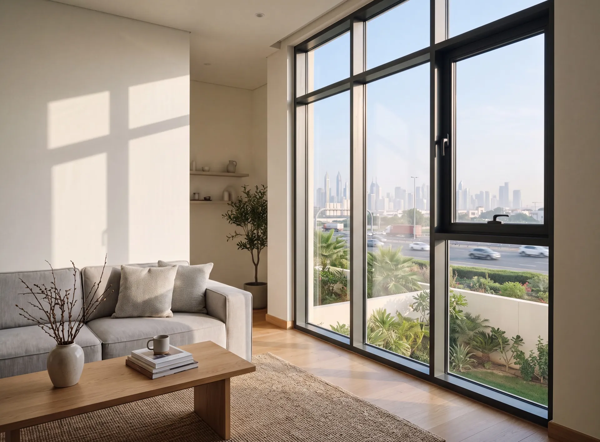 Living room of a Dubai villa with a wide aluminium window looking towards a motorway