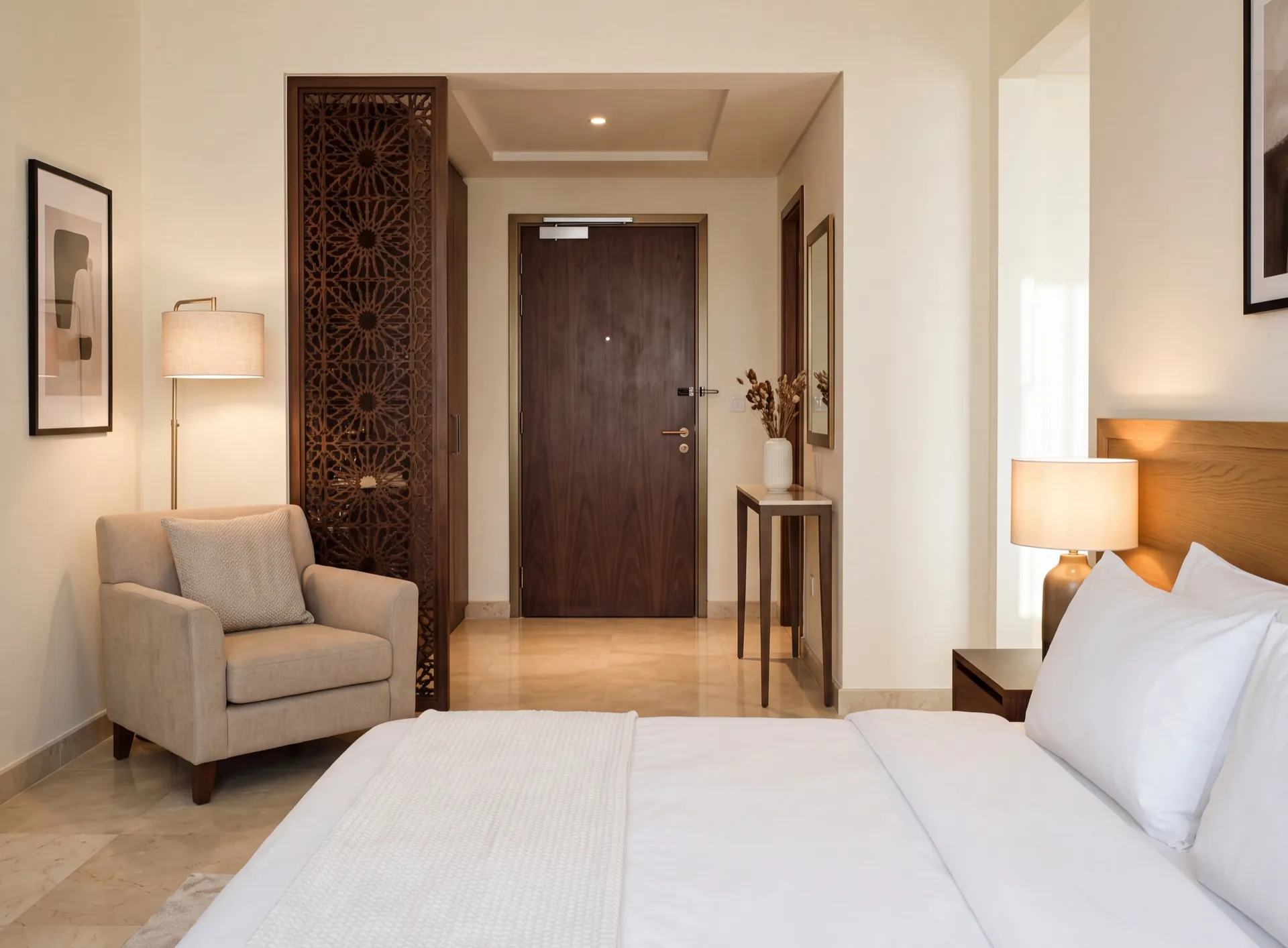 Guest room in a Dubai hotel with the entrance door closed onto its threshold and the corridor beyond