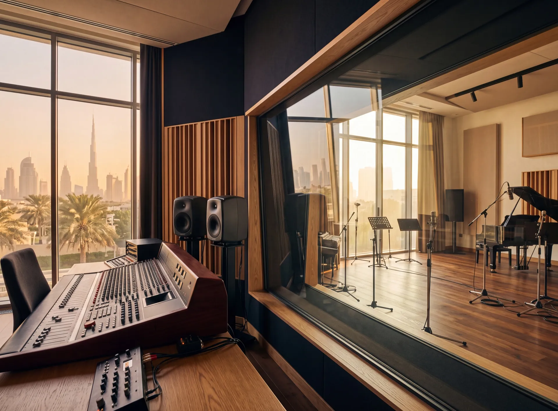 Observation window between the control room and the live room of a recording studio in Dubai