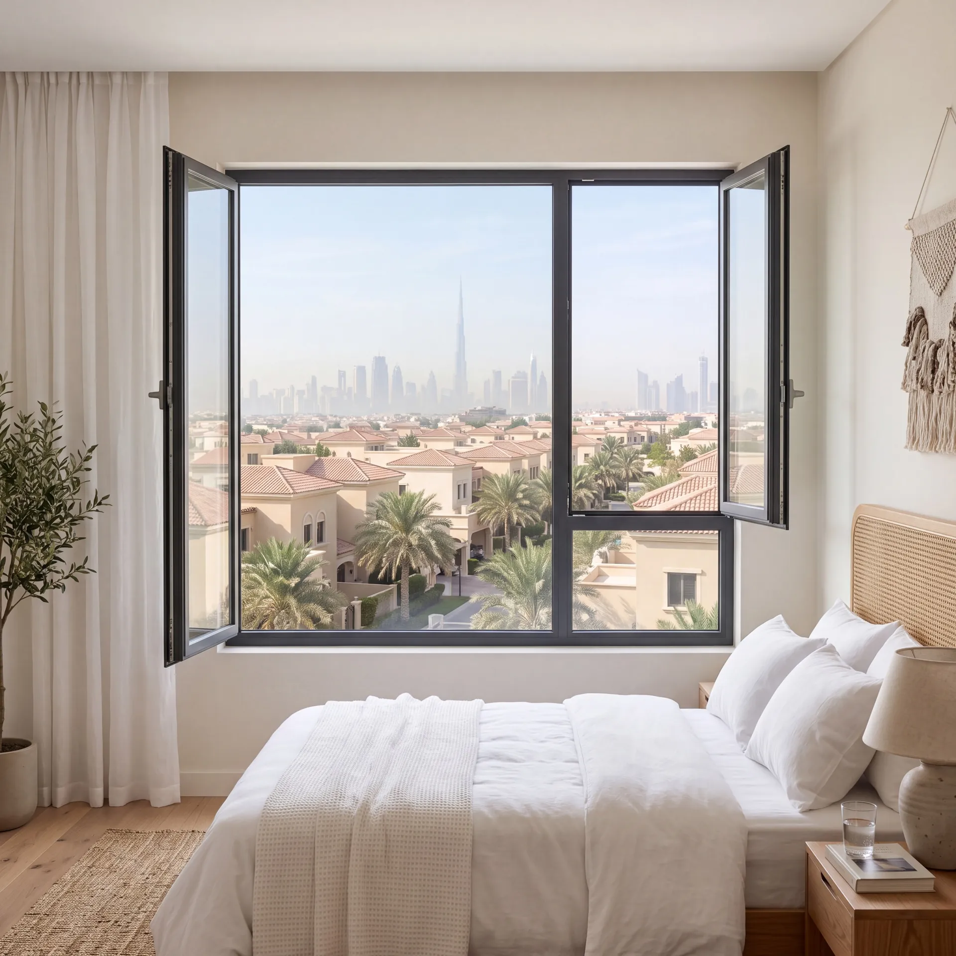 Aluminium casement window with a slim dark frame in a Dubai villa bedroom