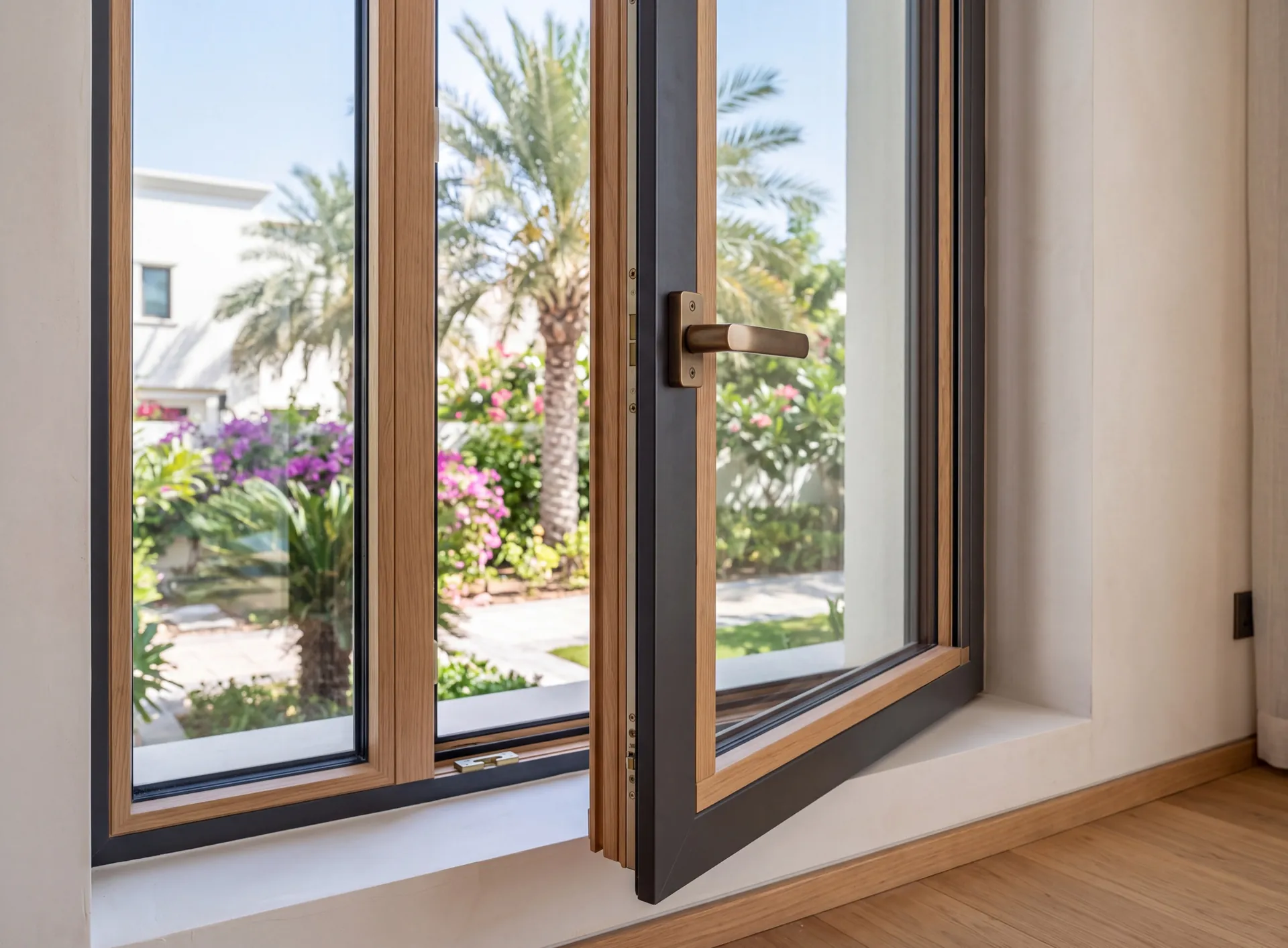 Composite window opened at an angle so both skins show: oak timber on the room side and an aluminium shell capping the weather side