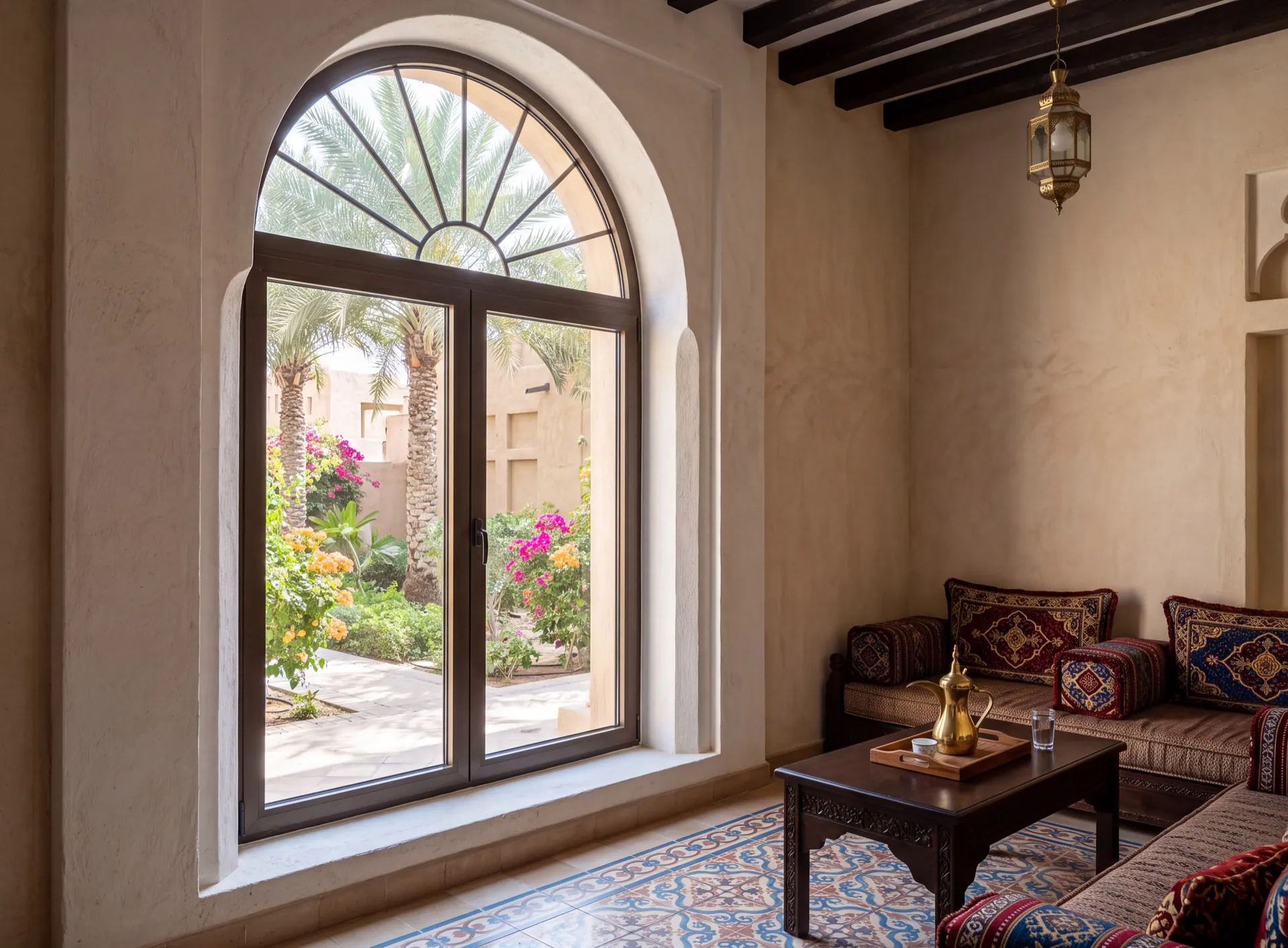 Tall aluminium window with a semicircular arched head in a Dubai villa majlis, warm daylight falling through the arch onto a patterned floor