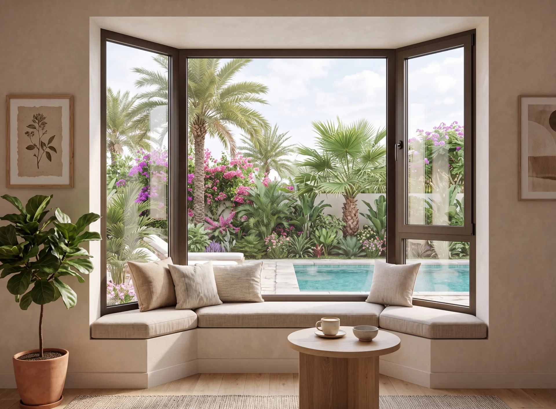 Projecting three-facet aluminium bay window with a cushioned window seat in a Dubai villa, garden and palms beyond the glass