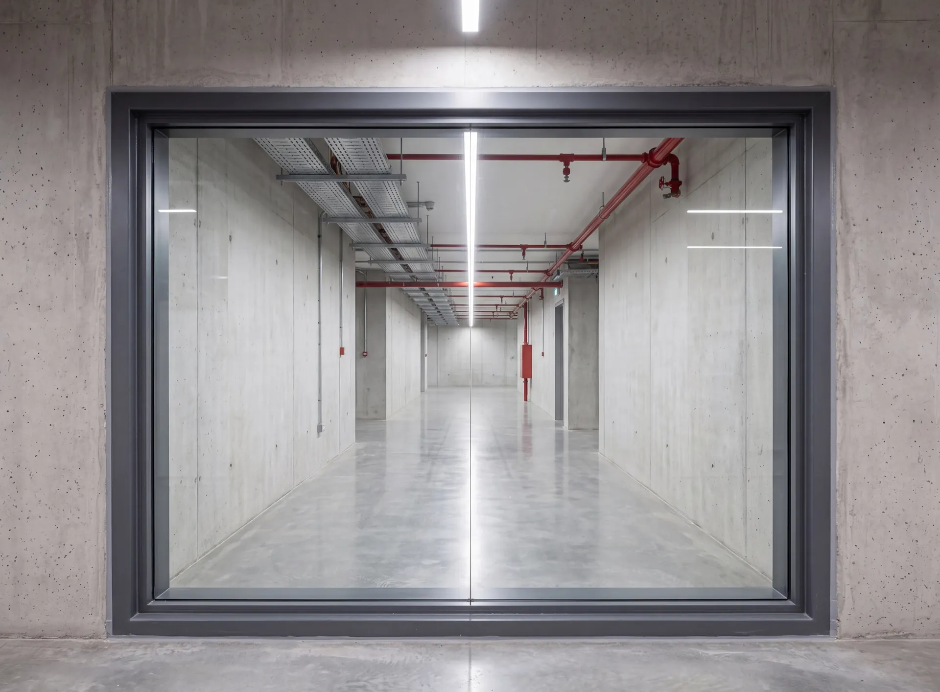 Fire-rated glazed screen with a heavy dark steel-reinforced frame in a bare concrete service corridor