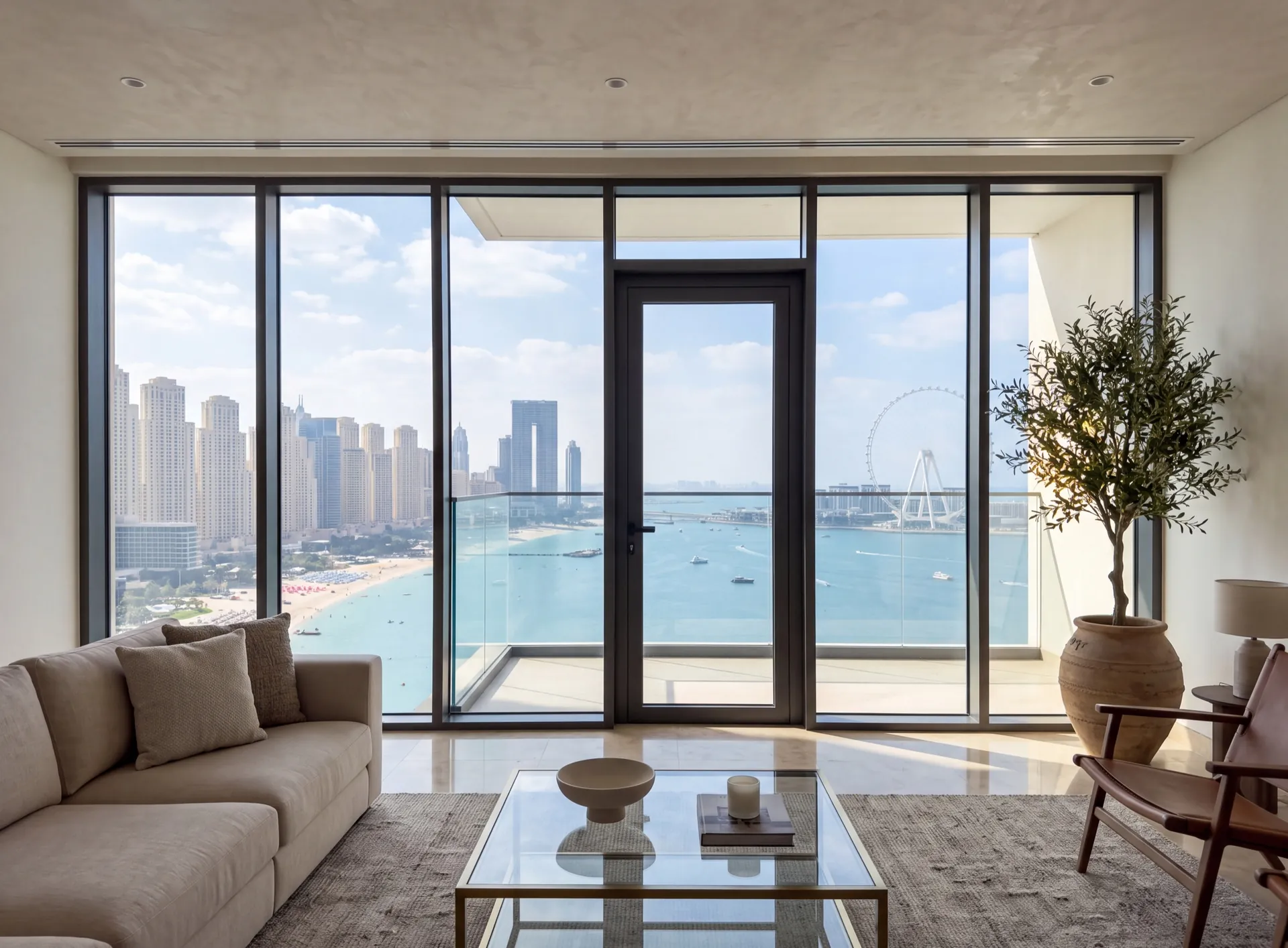 Full-height aluminium glazing from finished floor to ceiling in a Dubai apartment living room, slim dark frames and a tall opening leaf, sea and skyline beyond