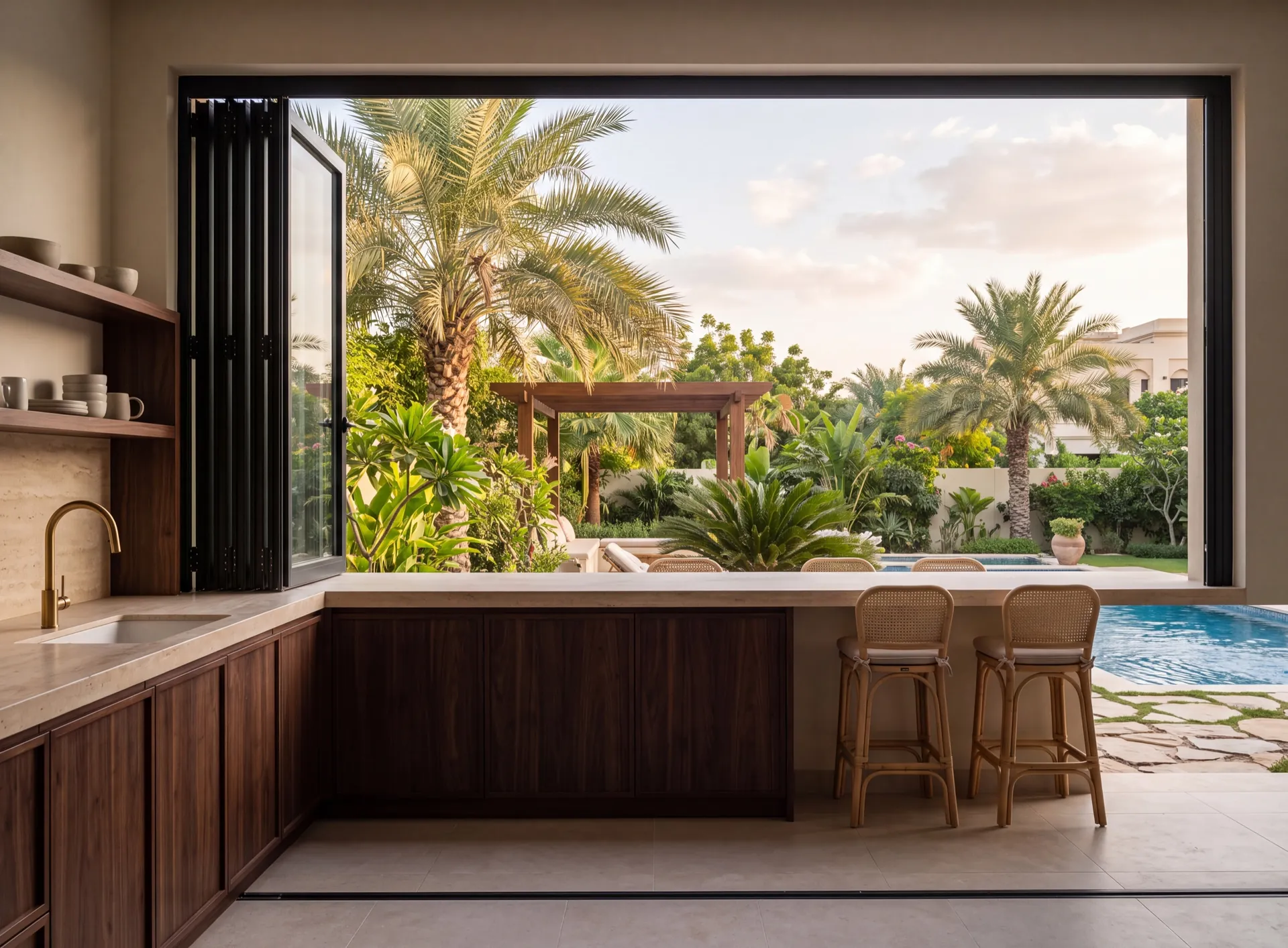 Aluminium folding window folded back over a stone kitchen counter in a Dubai villa, opening onto a garden bar