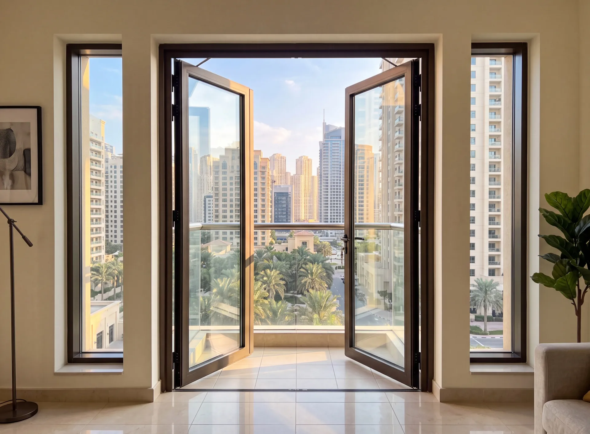 Pair of aluminium French windows opening onto a Dubai balcony behind a slim guard rail