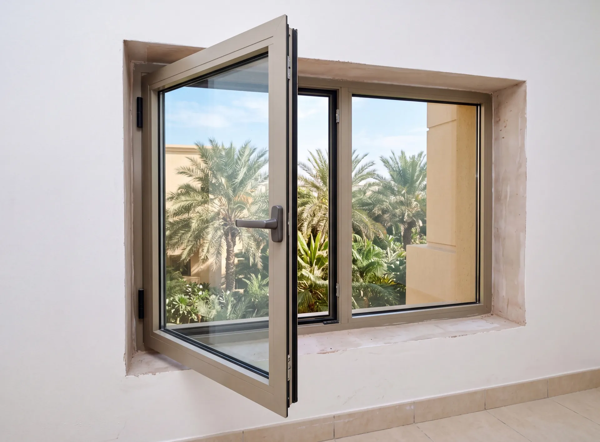 Aluminium window leaf opened into a Dubai bedroom, curtain track clear of its arc