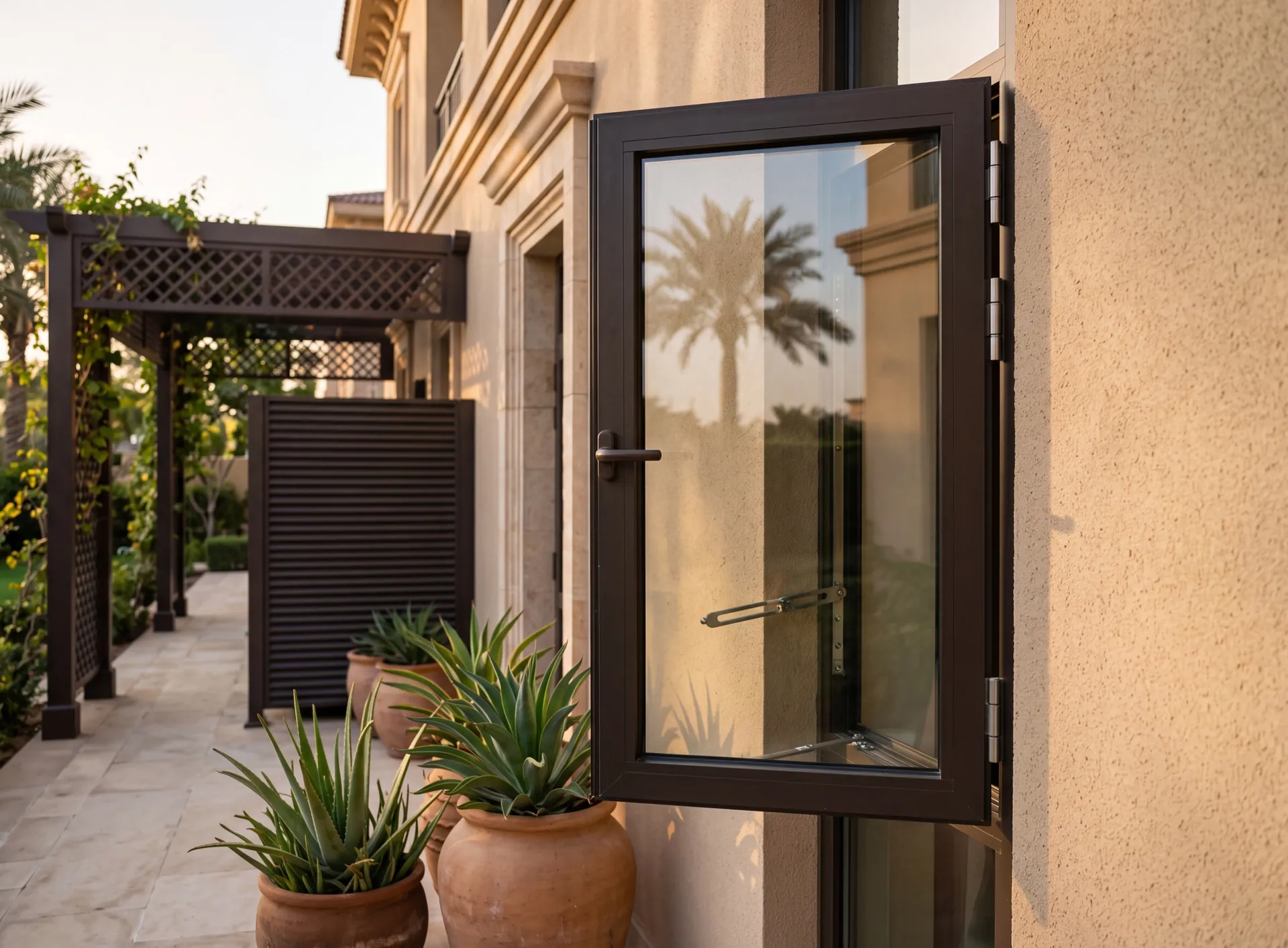 Aluminium window leaf swung outward over a shaded UAE terrace, stay holding the gap
