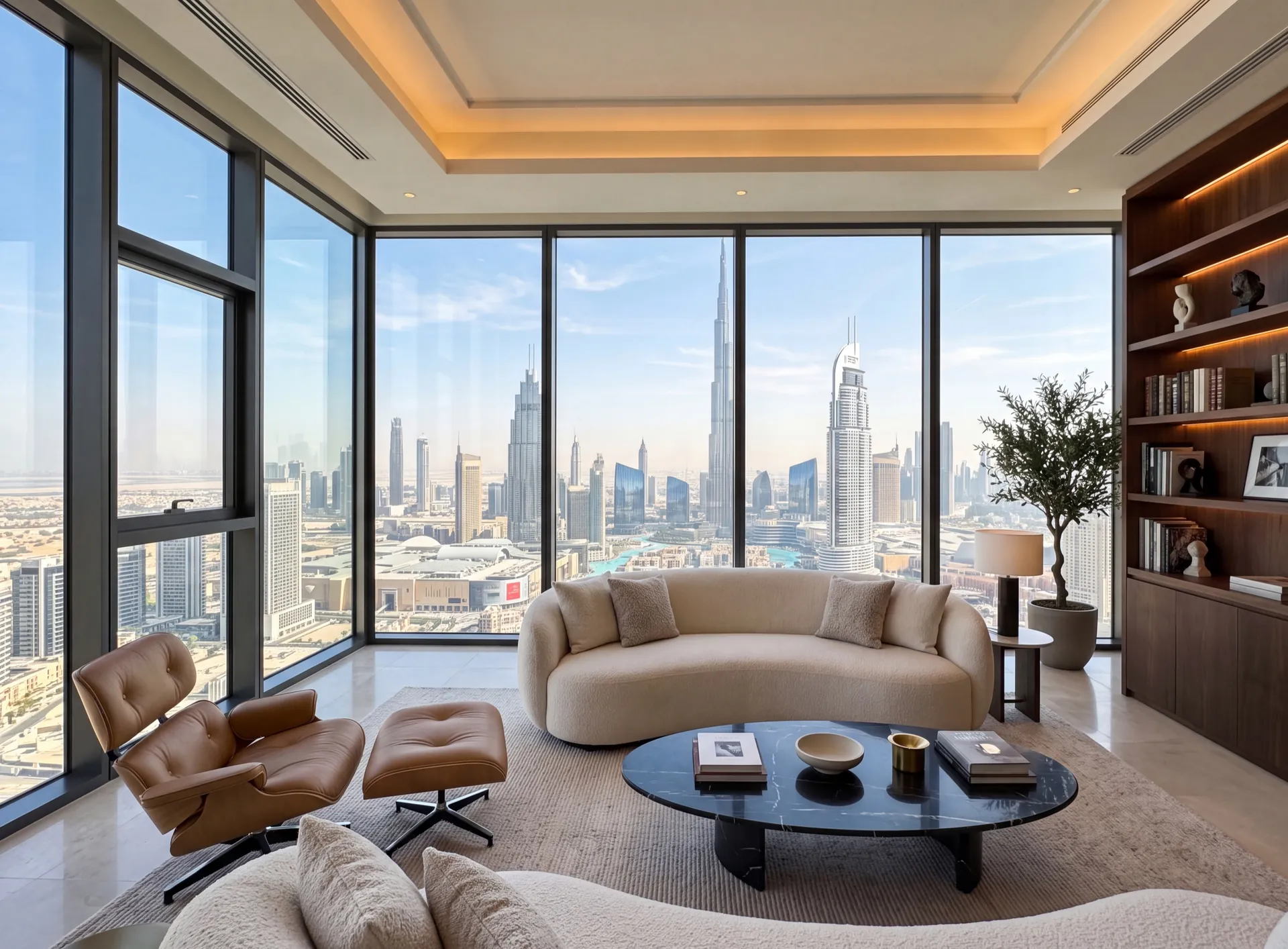 Floor-to-ceiling fixed panoramic aluminium glazing with slim sightlines in a Dubai penthouse living room