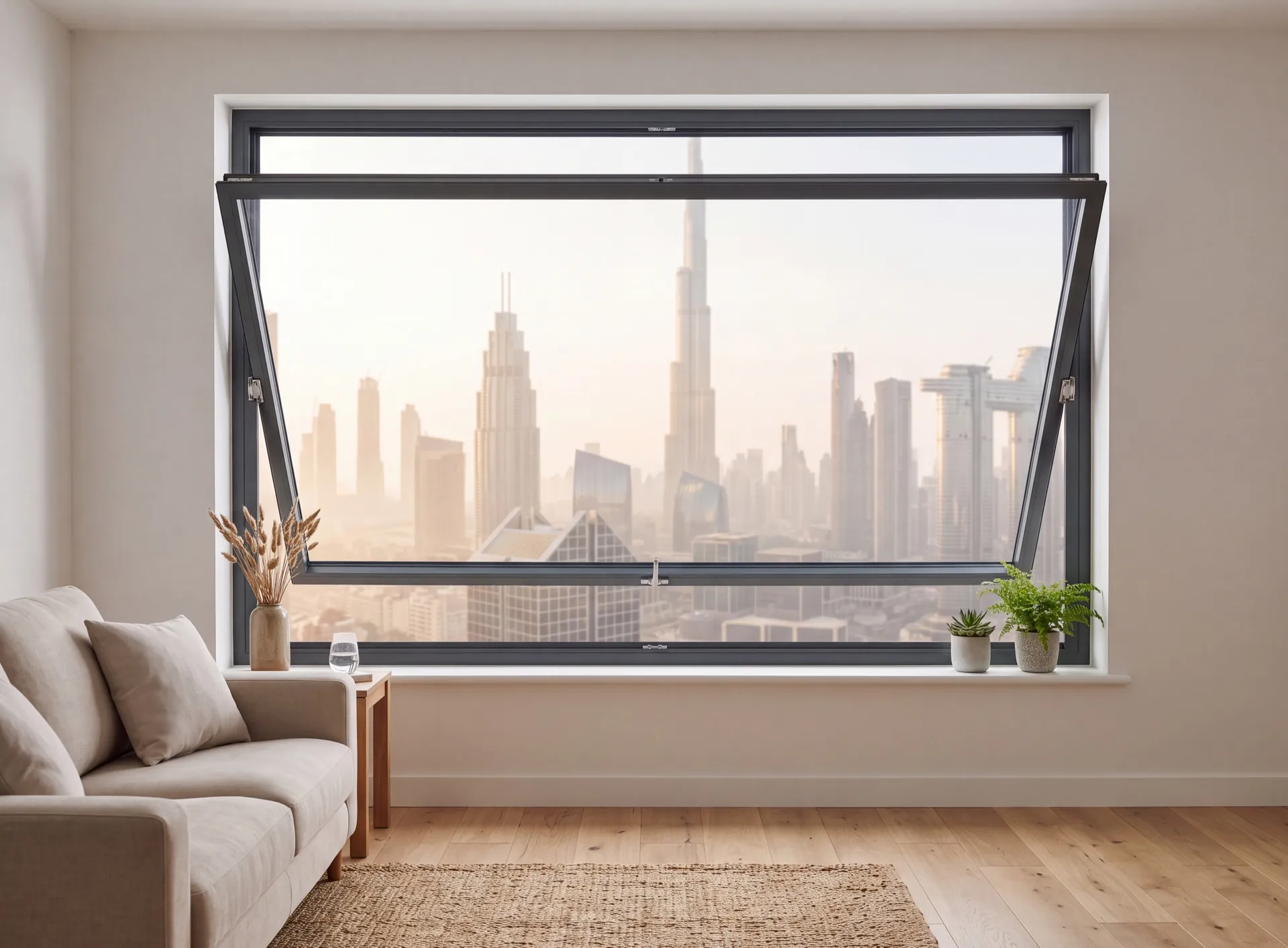 Wide aluminium window with a slim dark frame in a high-floor Dubai apartment, the leaf standing open over the city skyline