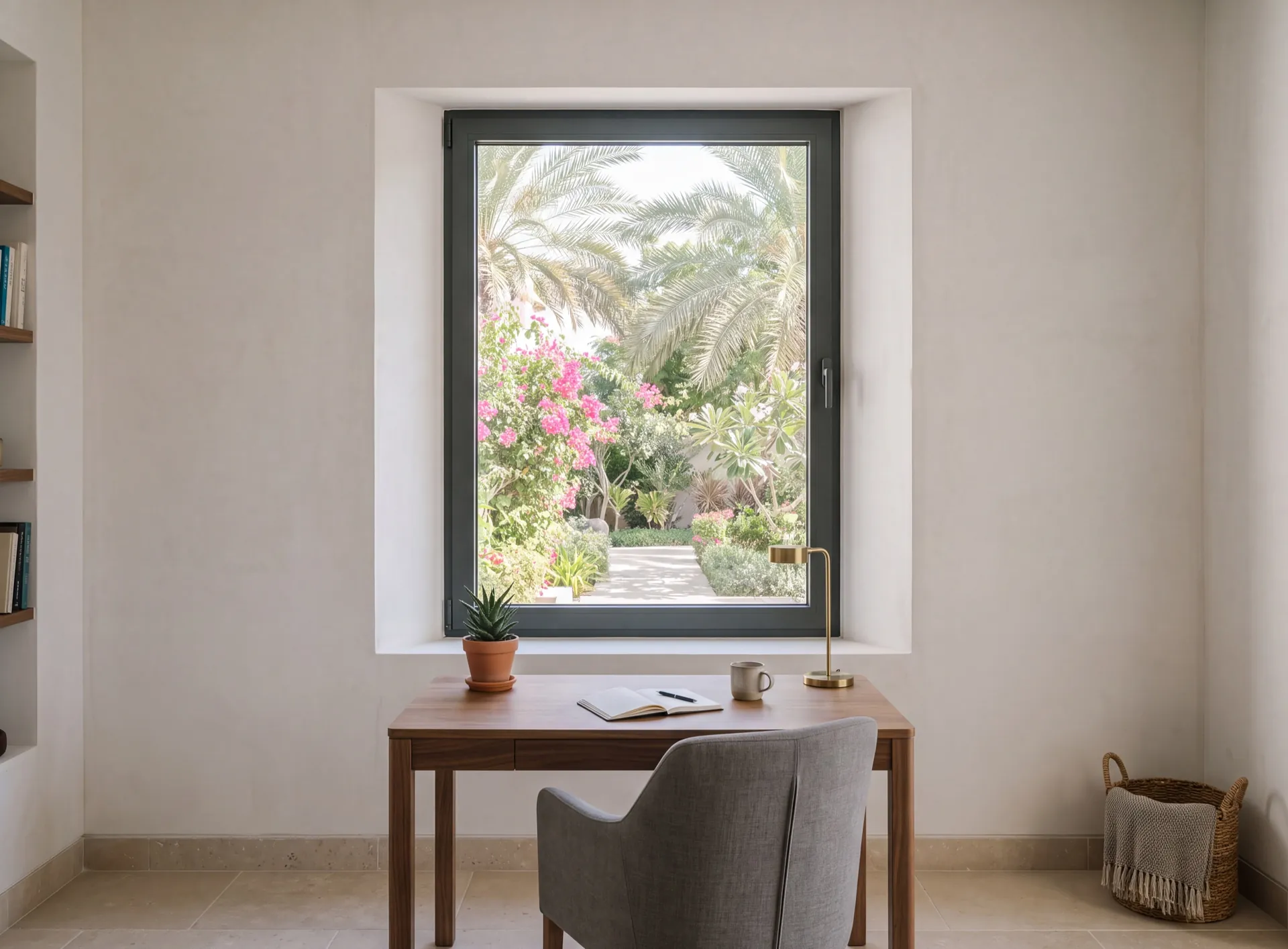 Single-field aluminium window with one sash and a slim dark frame in a quiet Dubai villa study, garden greenery through the pane