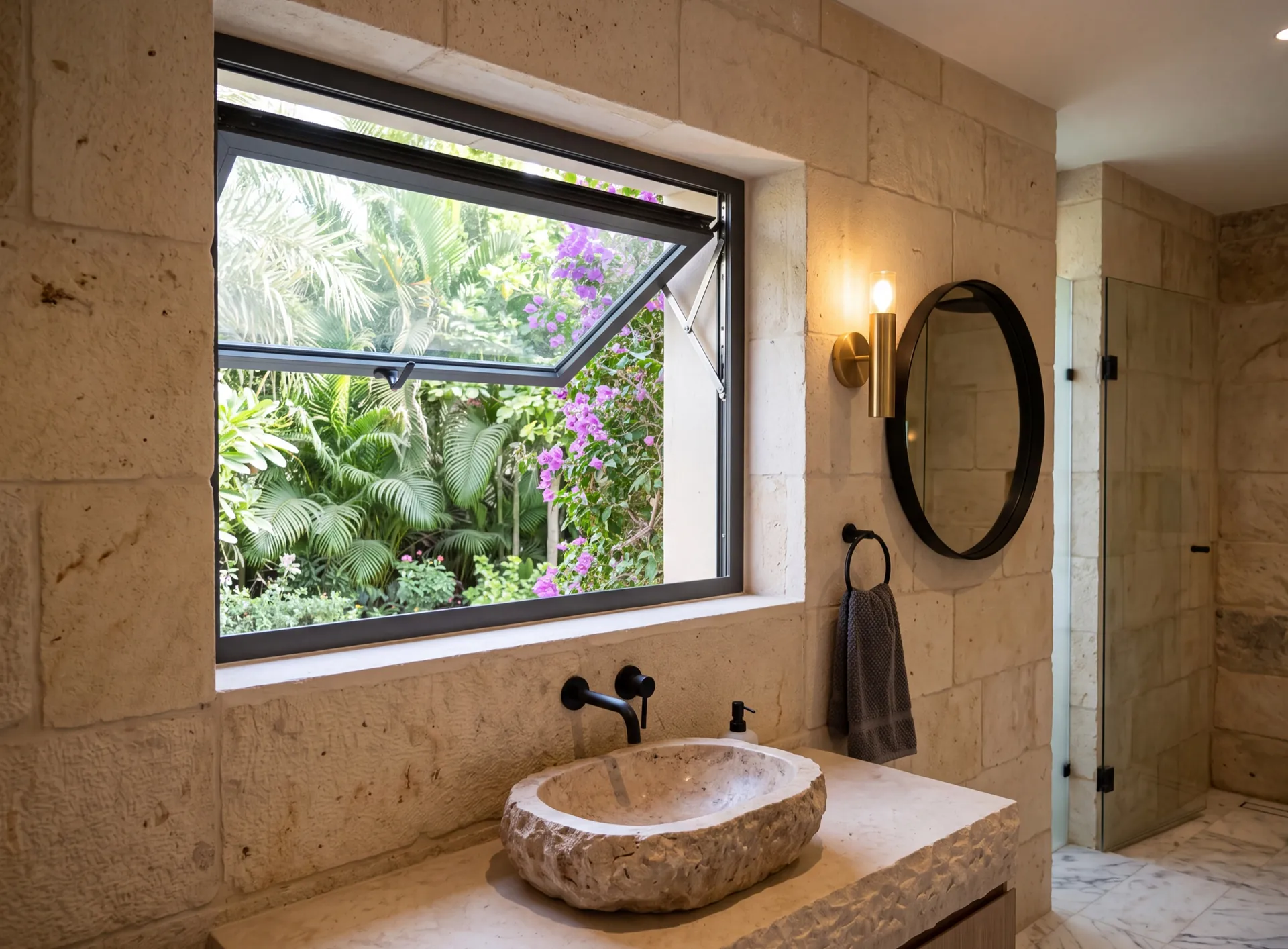 Aluminium top-hung window pushed open outwards in a Dubai villa bathroom, the leaf angled out like a small awning over its opening