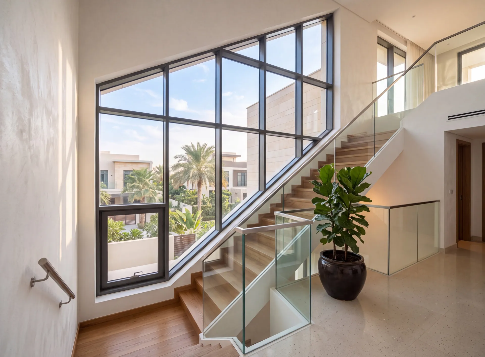 Trapezoid aluminium glazing with a sloping head following a staircase in a modern Dubai villa, raking daylight across the wall