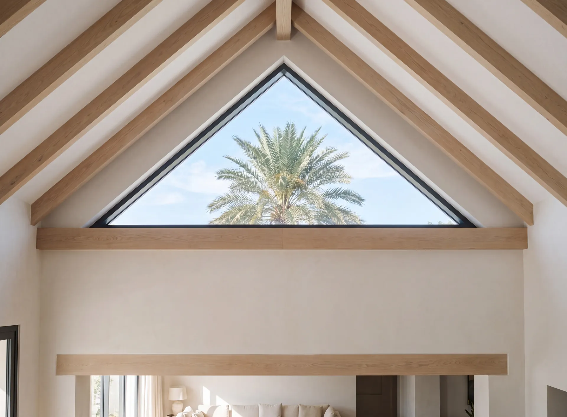 Fixed triangular aluminium window in the gable apex under a pitched timber ceiling in a Dubai villa, palm crown against blue sky through the three-sided glass