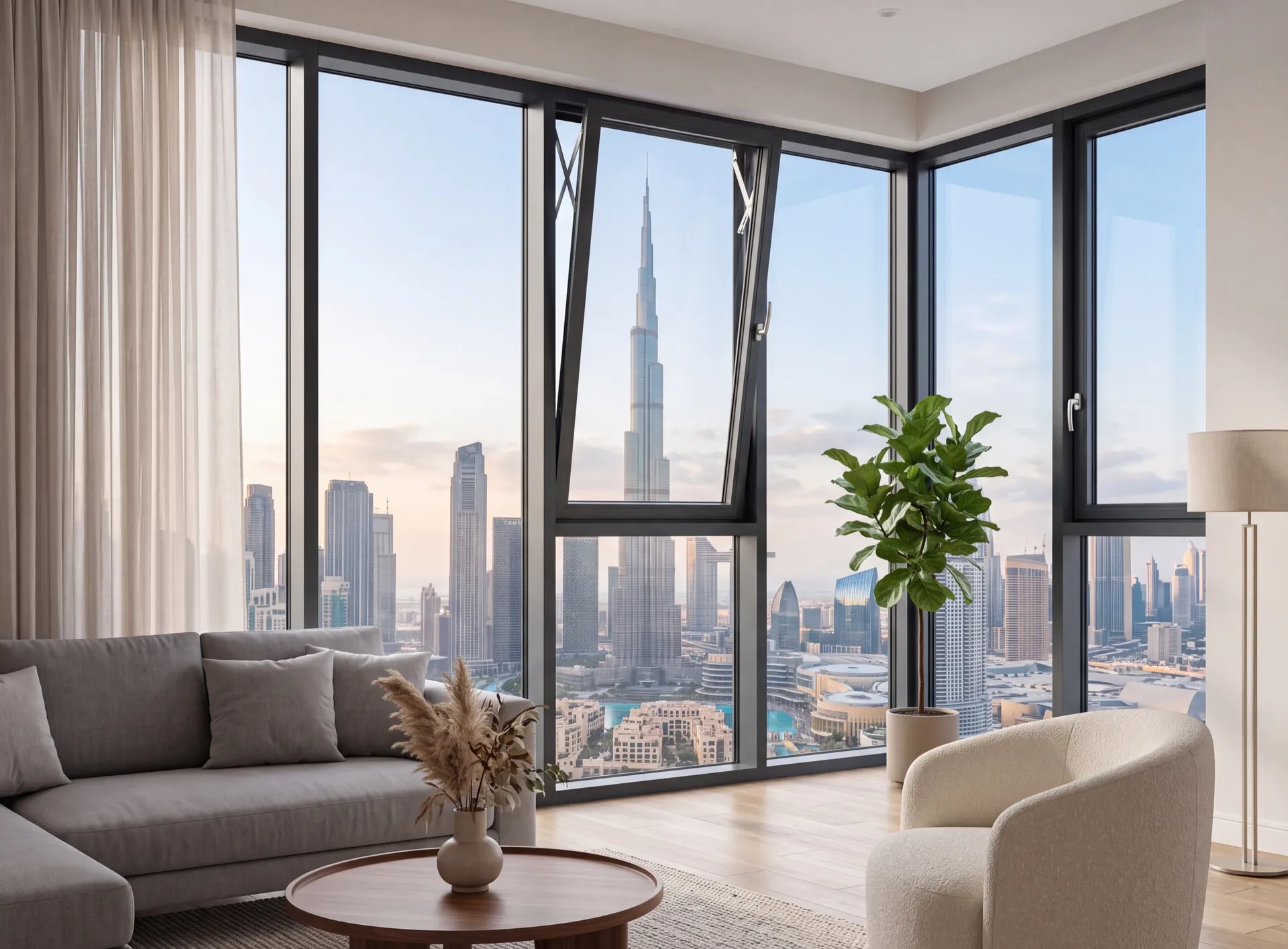 Dubai apartment living room with a large aluminium tilt-and-turn window tilted open and towers beyond