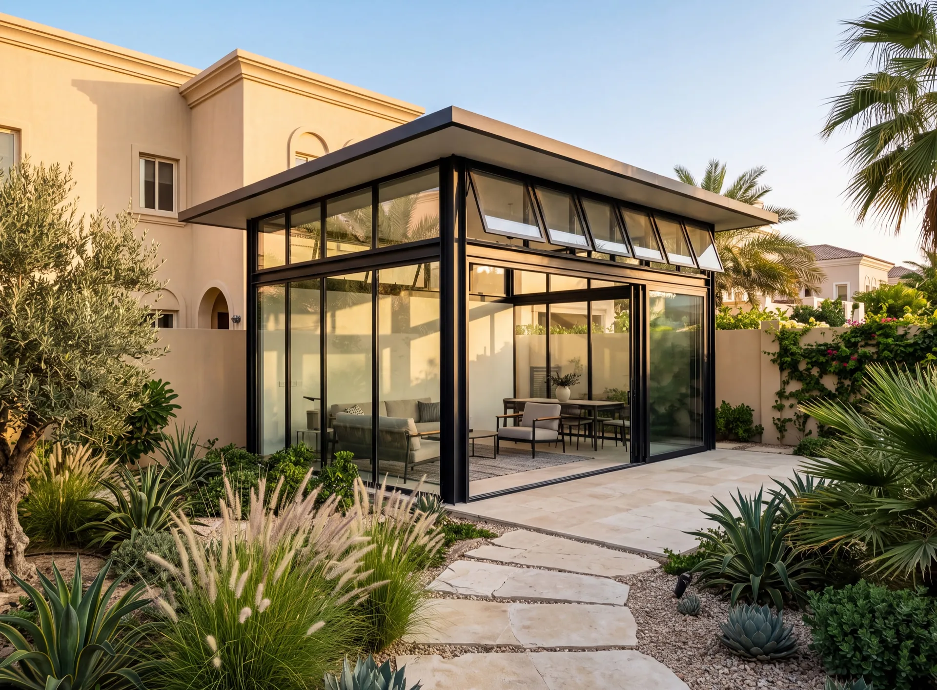 Glazed garden room at the end of a UAE villa plot with a high opening light under the roof