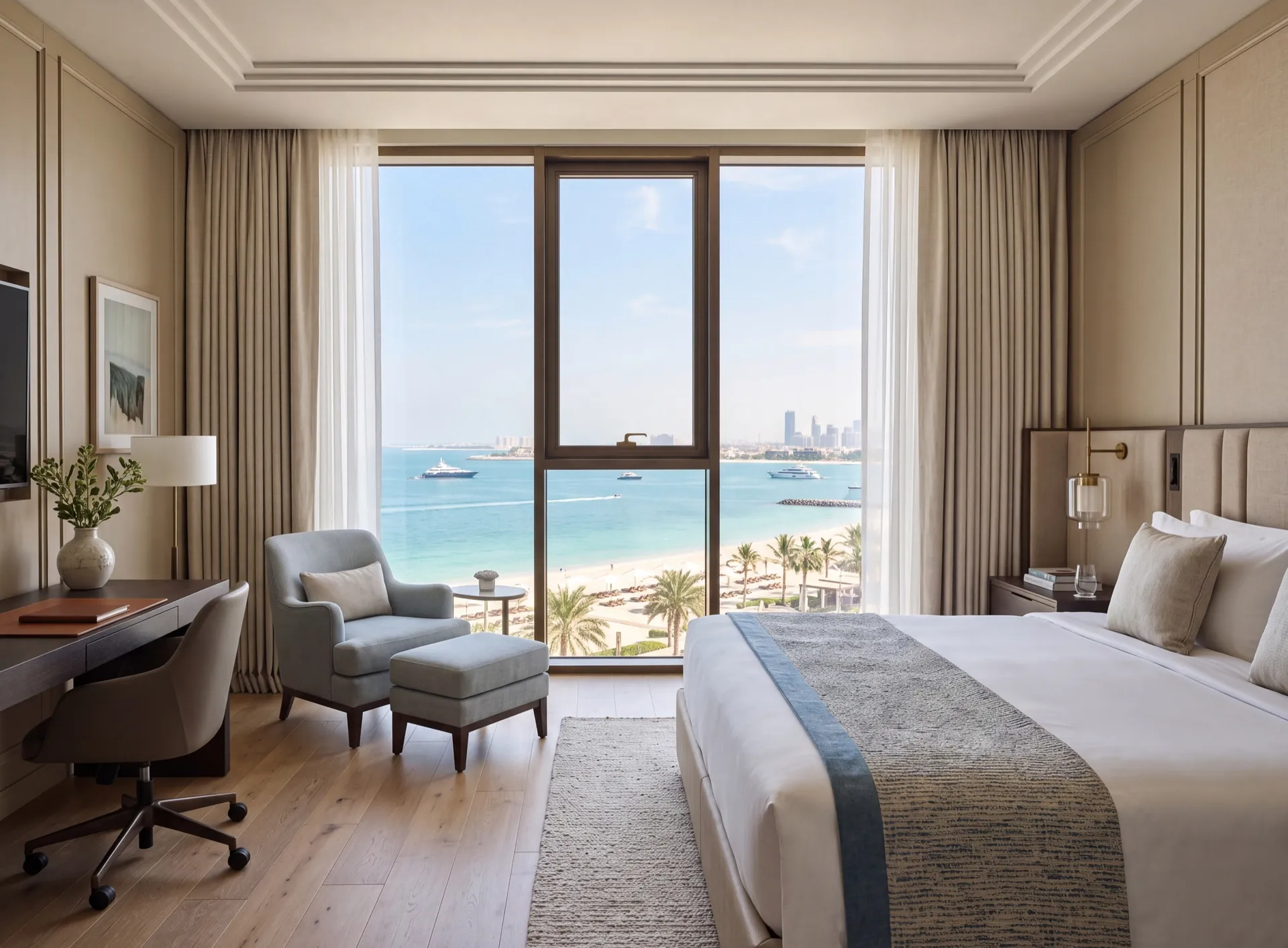 Hotel guest room in Dubai with a large aluminium window, sheer curtains drawn back and a sea view