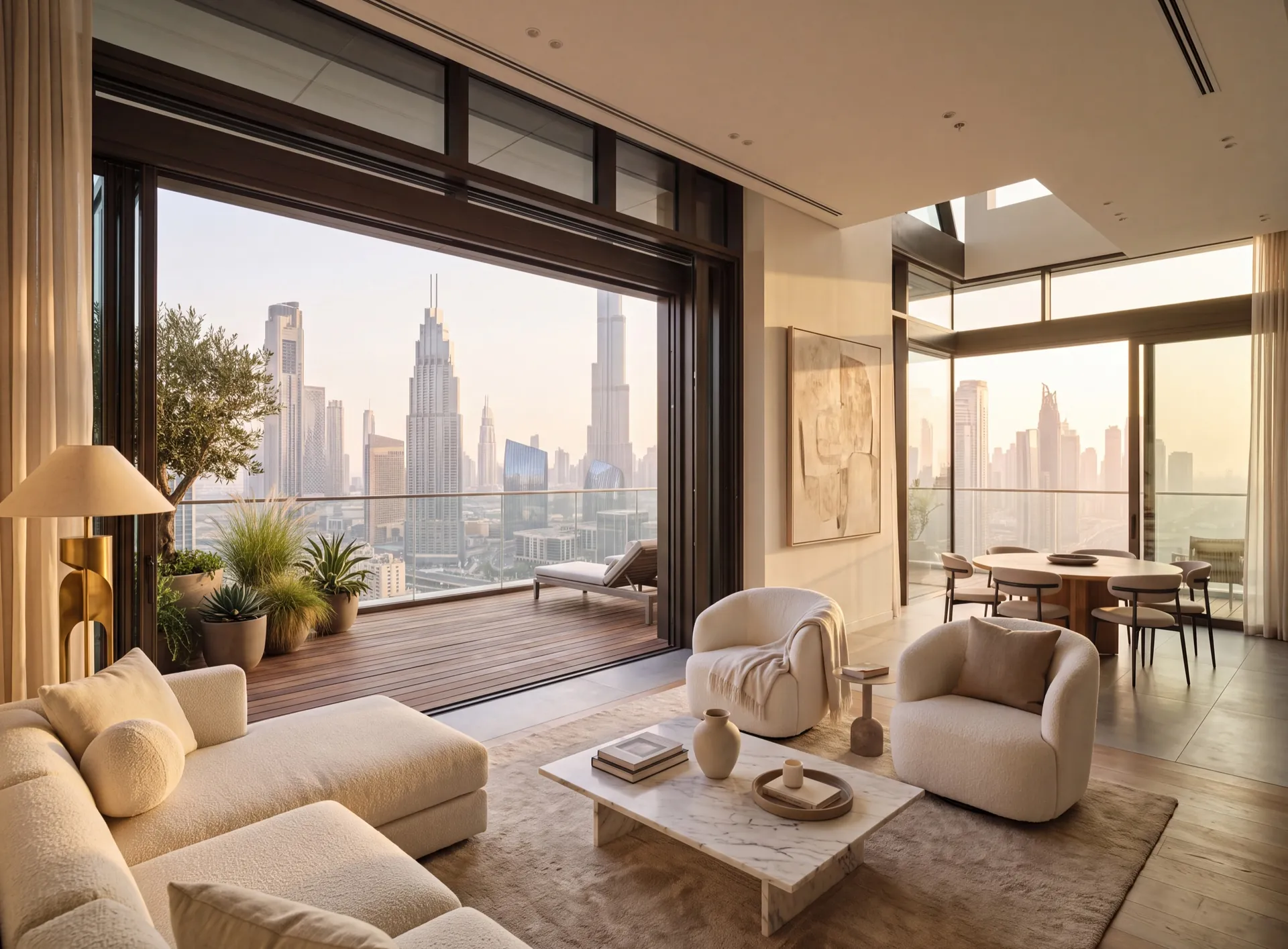 Penthouse living room at the top of a Dubai tower with floor-to-ceiling aluminium sliding glazing onto a terrace