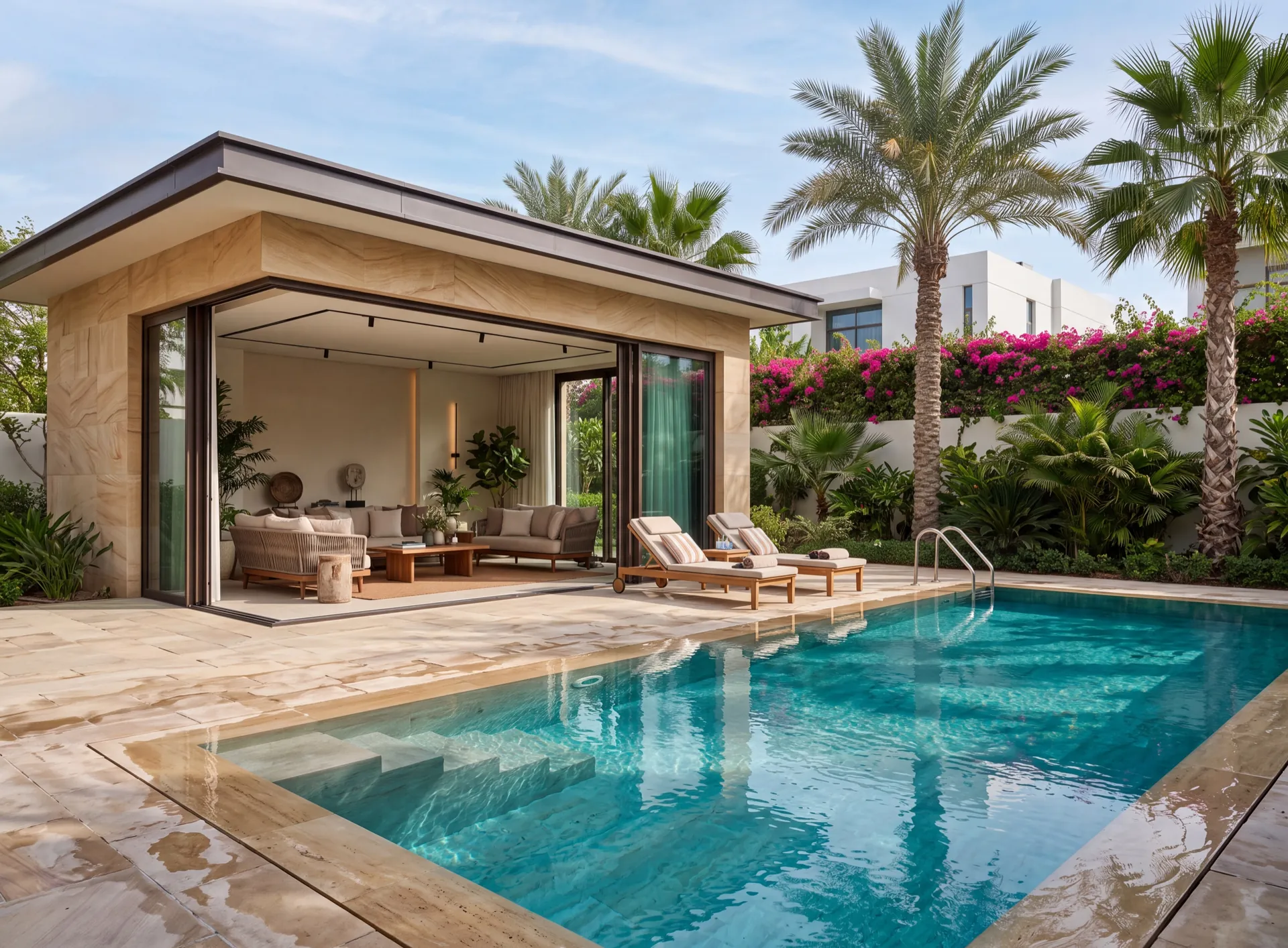 Pool house beside a private Dubai villa pool with wide aluminium sliding glazing open onto the terrace