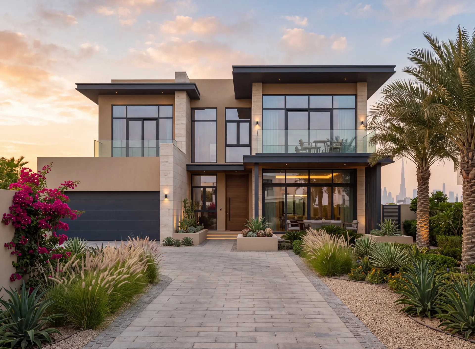 Contemporary Dubai villa exterior with dark slim aluminium window openings across two floors at golden hour